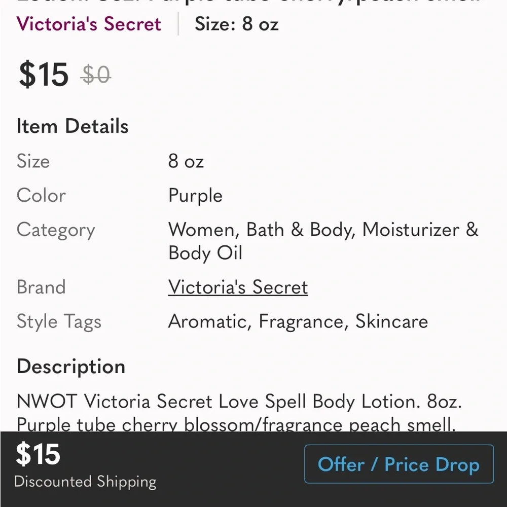 NWOT Victoria Secret Love Spell Body Lotion. 8oz. Purple tube cherry/peach smell